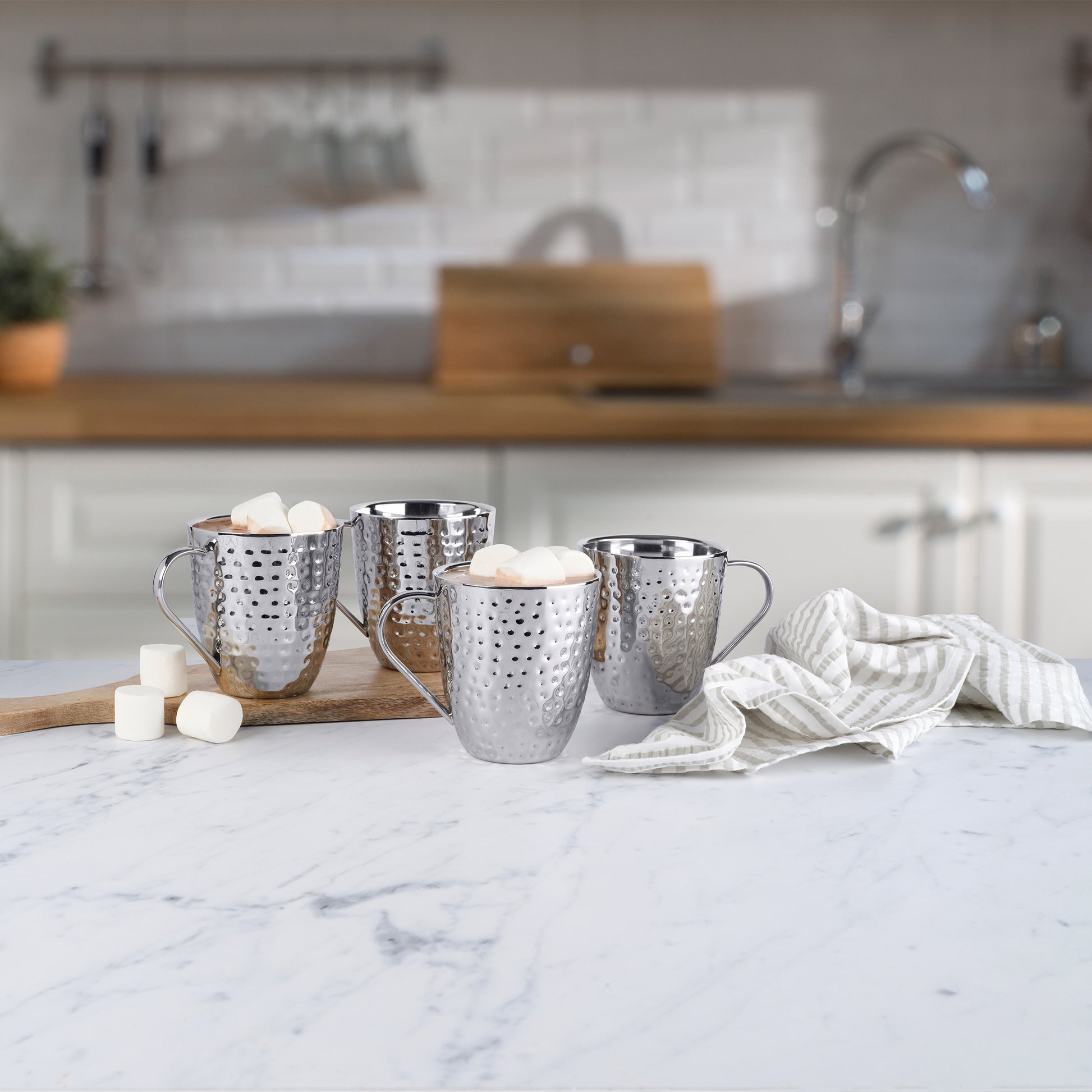 Mikasa Set of 4 Double-Wall Hammered Stainless Steel Mugs